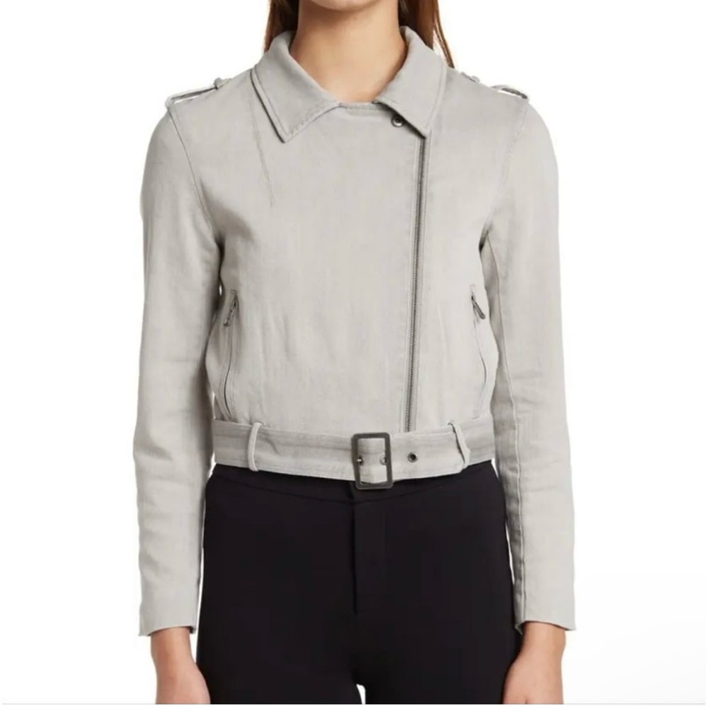 BELLE AND BLOOM MEDIUM CROP JACKET Limelight Gray Denim Moto Jacket - Picture 3 of 12